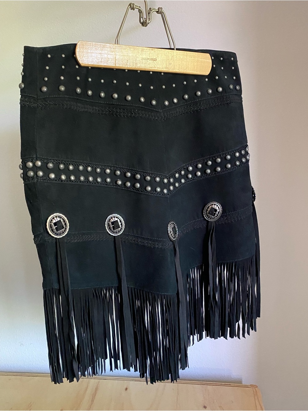 Black Suede Studded Fringe Mini Skirt